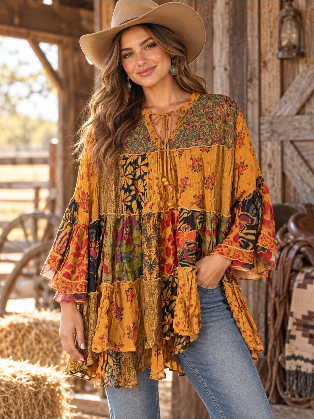 NWT Young Threads Boho Patchwork Floral Tiered Tunic Top M